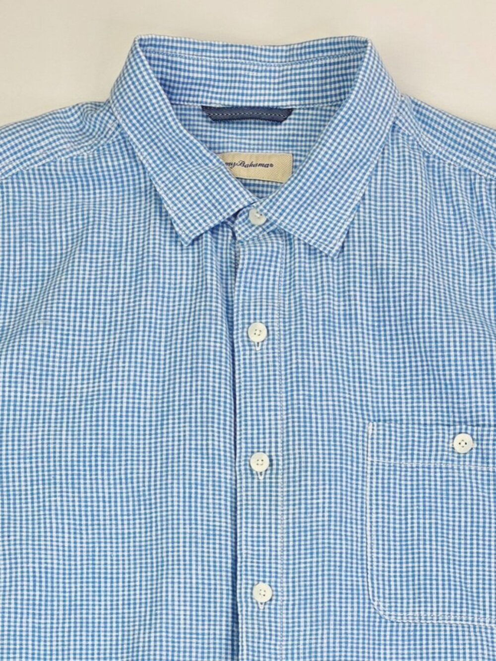 Tommy Bahama Embroidered Logo Size 2XL Blue Check Short Sleeve Linen Blend Shirt
